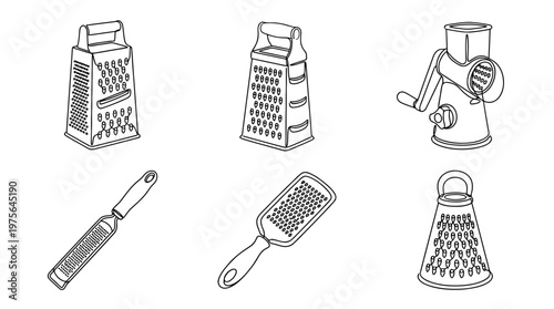 grater , six black Continuous Line Art (Single Line) vector set collection , white background , PNG and SVG
