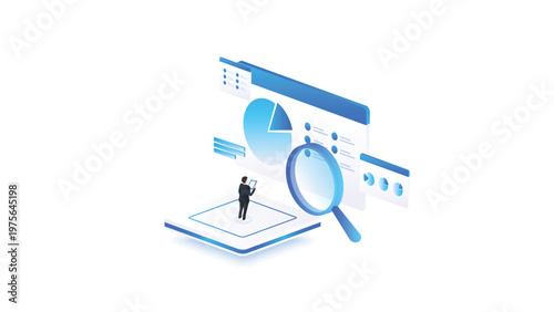 Stock market isometric of financial data analysis dashboard with magnifying glass, market research, and business analytics in blue digital style.