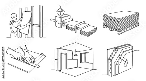 gypsum board , six black Continuous Line Art (Single Line) vector set collection , white background , PNG and SVG