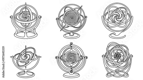 gyroscope , six black Continuous Line Art (Single Line) vector set collection , white background , PNG and SVG