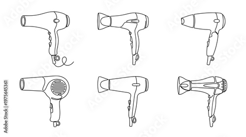hair dryer , six black Continuous Line Art (Single Line) vector set collection , white background , PNG and SVG