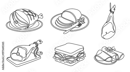 ham , six black Continuous Line Art (Single Line) vector set collection , white background , PNG and SVG