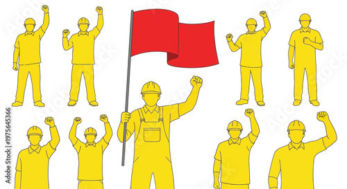 Group of construction workers raising fists with a waving red flag