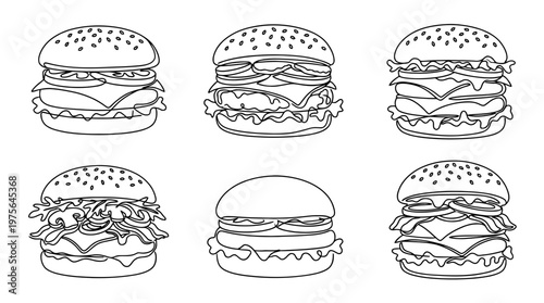 hamburger , six black Continuous Line Art (Single Line) vector set collection , white background , PNG and SVG