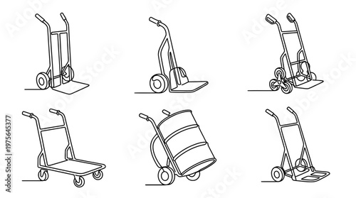 hand truck , six black Continuous Line Art (Single Line) vector set collection , white background , PNG and SVG