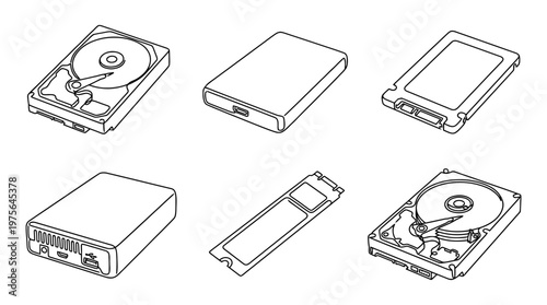 hard drive , six black Continuous Line Art (Single Line) vector set collection , white background , PNG and SVG