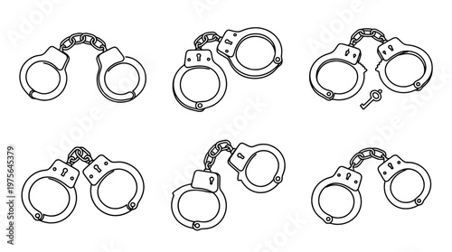 handcuffs , six black Continuous Line Art (Single Line) vector set collection , white background , PNG and SVG