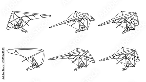 hang glider , six black Continuous Line Art (Single Line) vector set collection , white background , PNG and SVG