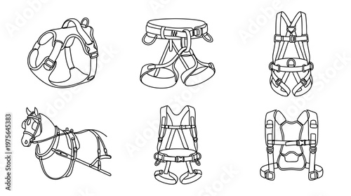 harness , six black Continuous Line Art (Single Line) vector set collection , white background , PNG and SVG