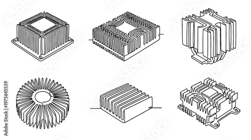heat sink , six black Continuous Line Art (Single Line) vector set collection , white background , PNG and SVG