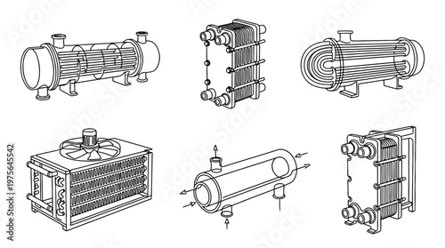 heat exchanger , six black Continuous Line Art (Single Line) vector set collection , white background , PNG and SVG