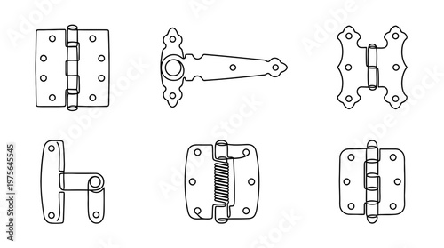 hinge , six black Continuous Line Art (Single Line) vector set collection , white background , PNG and SVG