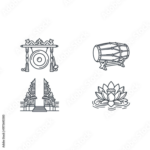 Buddhist temple and musical instruments icons.