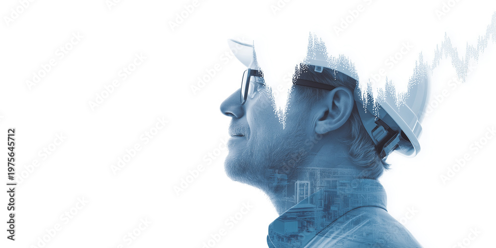 Fototapeta premium Artistic double-exposure portrait merges hardhat engineer profile with industrial infrastructure and data chart.