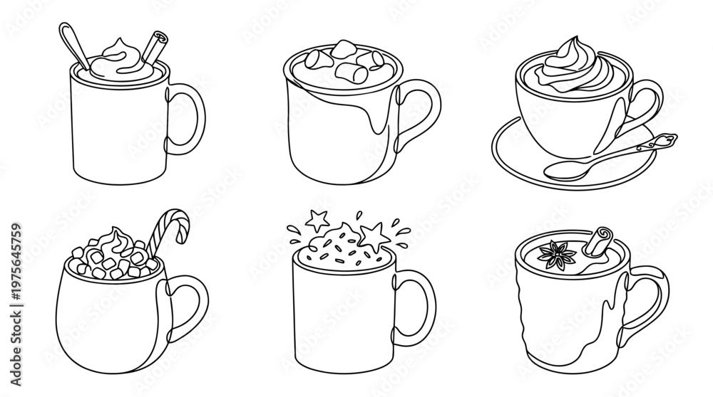 Obraz premium hot chocolate , six black Continuous Line Art (Single Line) vector set collection , white background , PNG and SVG