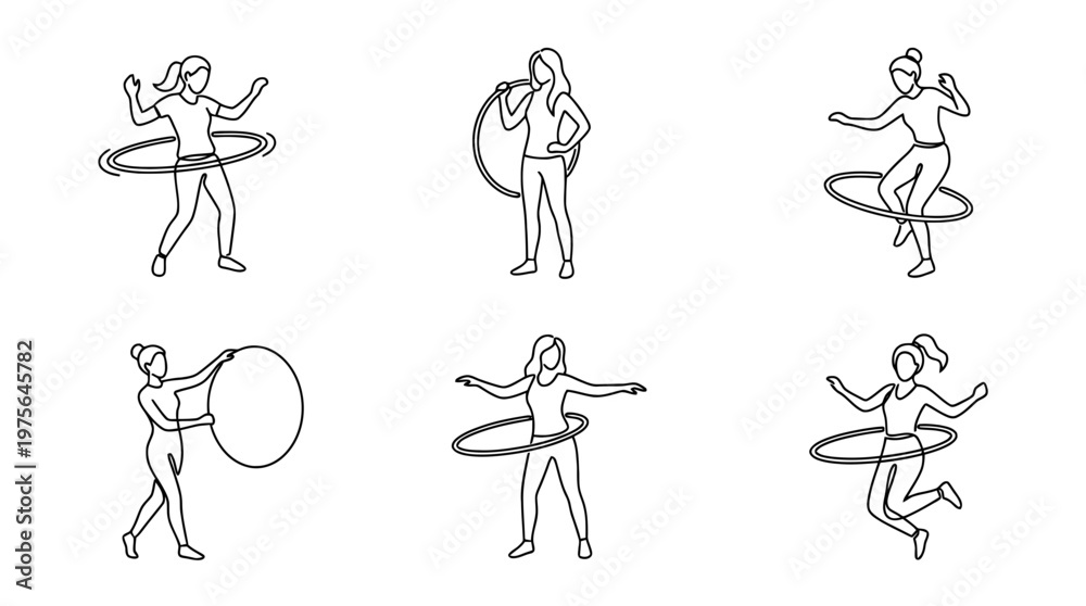 Obraz premium hula hoop , six black Continuous Line Art (Single Line) vector set collection , white background , PNG and SVG