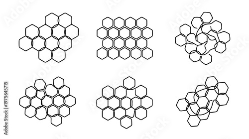 honeycomb , six black Continuous Line Art (Single Line) vector set collection , white background , PNG and SVG