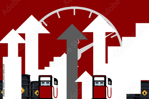 Red background illustration of stacked oil barrels depicting rising fuel prices.