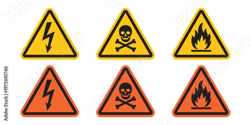Caution signs set. Warning triangular caution shape signs with various danger symbols. Fire warning, hazard danger, high voltage icon. Attention, risk, flammable, skull, bone vector illustration