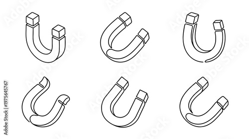 horseshoe magnet , six black Continuous Line Art (Single Line) vector set collection , white background , PNG and SVG