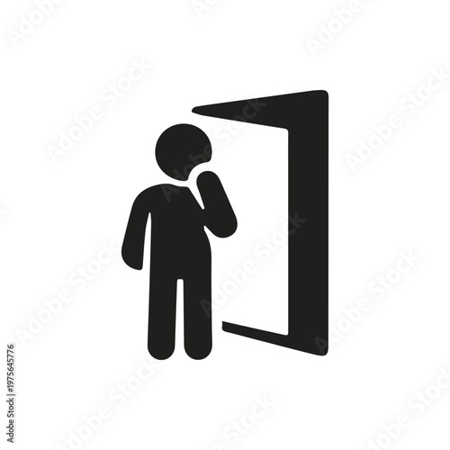 Person standing at an open doorway contemplating a new opportunity or uncertain path ahead