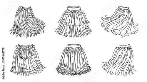 hula skirt , six black Continuous Line Art (Single Line) vector set collection , white background , PNG and SVG