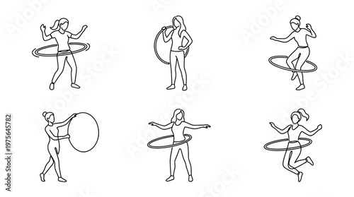 hula hoop , six black Continuous Line Art (Single Line) vector set collection , white background , PNG and SVG
