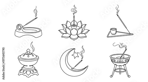incense burner , six black Continuous Line Art (Single Line) vector set collection , white background , PNG and SVG