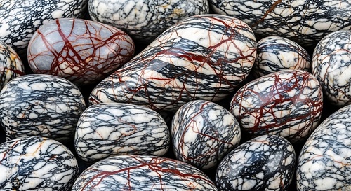 Close-up of a collection of polished colorful stones with unique patterns.