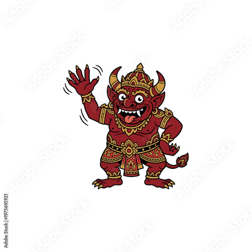 Red mythical creature with horns and gold.