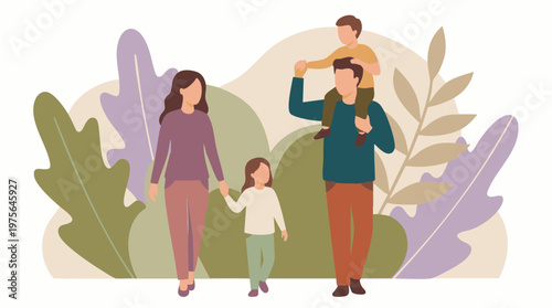 Happy family with two children walking outdoors in a park setting