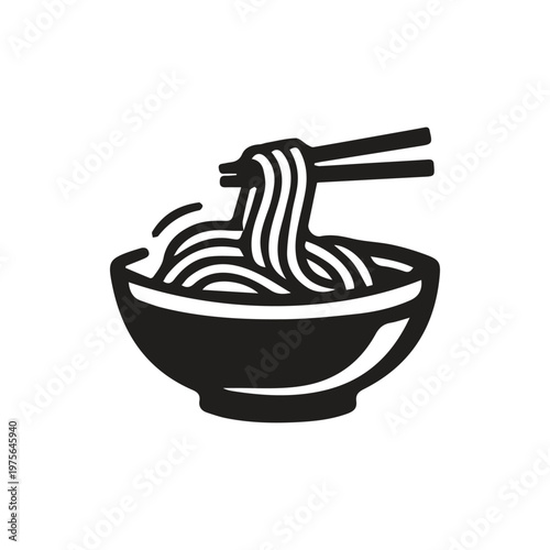 Delicious Asian Noodle Bowl with Chopsticks Minimalist Black White Icon