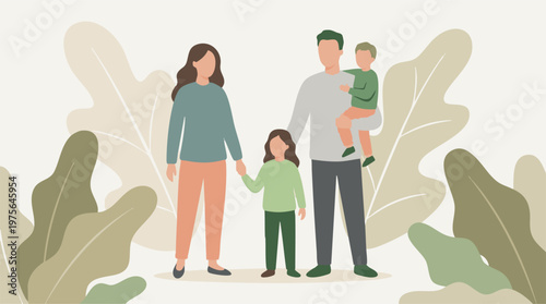 Illustration of a loving family with two children amidst nature