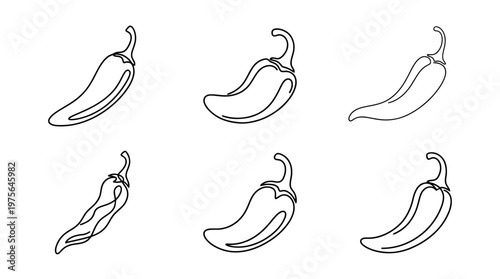 jalapeno , six black Continuous Line Art (Single Line) vector set collection , white background , PNG and SVG