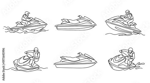 jet ski , six black Continuous Line Art (Single Line) vector set collection , white background , PNG and SVG