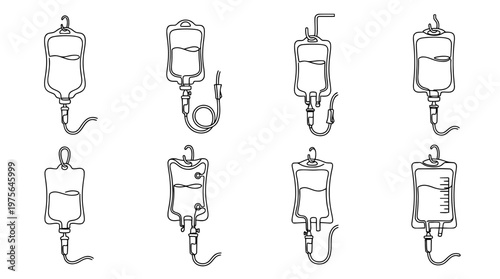 iv bag , six black Continuous Line Art (Single Line) vector set collection , white background , PNG and SVG