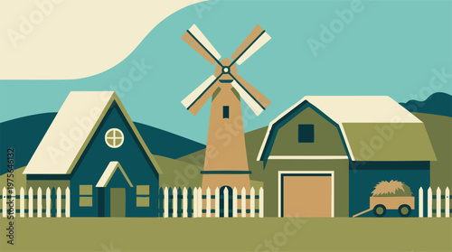 Stylized Flat Design Farm Landscape with House, Windmill, and Barn