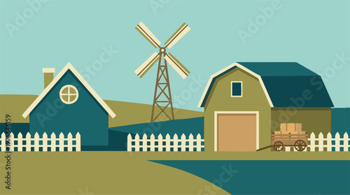 Minimalist flat design farm landscape with house, barn, windmill, and fence
