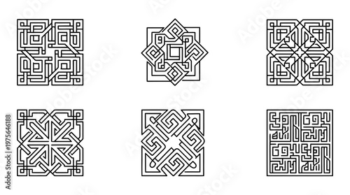 kufi , six black Continuous Line Art (Single Line) vector set collection , white background , PNG and SVG
