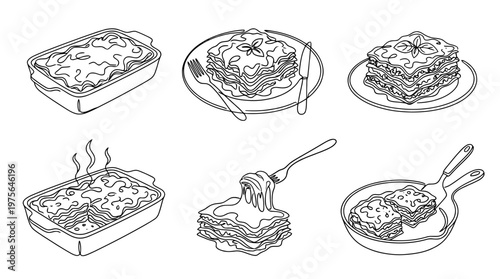 lasagna , six black Continuous Line Art (Single Line) vector set collection , white background , PNG and SVG