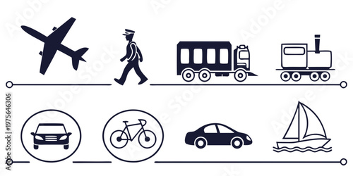 Various modes of transportation including a train, bicycle, car, bus, airplane, scooter and more.