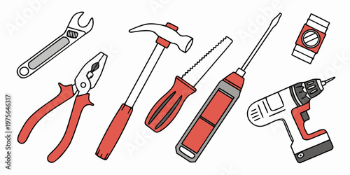 A collection of red and white household tools including scissors and measuring tape
