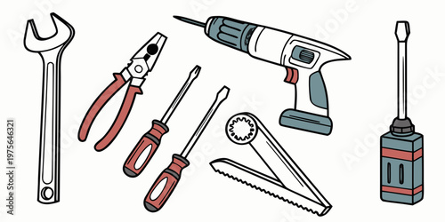 A collection of gardening tools including a rake, shears, and pruners with a watering can