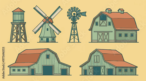 Collection of traditional farm buildings and windmills in flat design