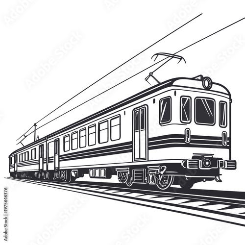 A classic black and white photograph of a vintage passenger train car