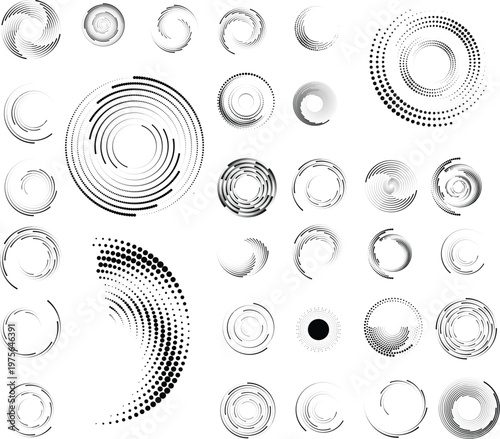 Abstract circular halftones element set, geometric dotted ring and spiral circle shapes for modern design, technology, or motion graphic backgrounds. Dotted round elements, radial spirals, and vortex.