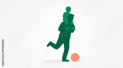 Father and son playing soccer, child riding on shoulders