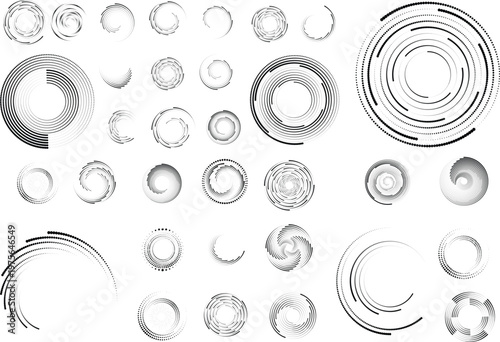 Abstract circular halftones element set, geometric dotted ring and spiral circle shapes for modern design, technology, or motion graphic backgrounds. Dotted round elements, radial spirals, and vortex.