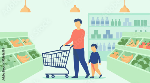 Father and son shopping for fresh groceries in a bright supermarket aisle