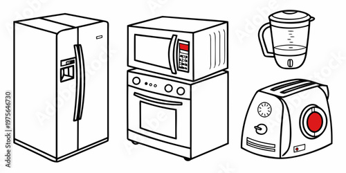 Assortment of household kitchen appliances including microwave, oven and kettle